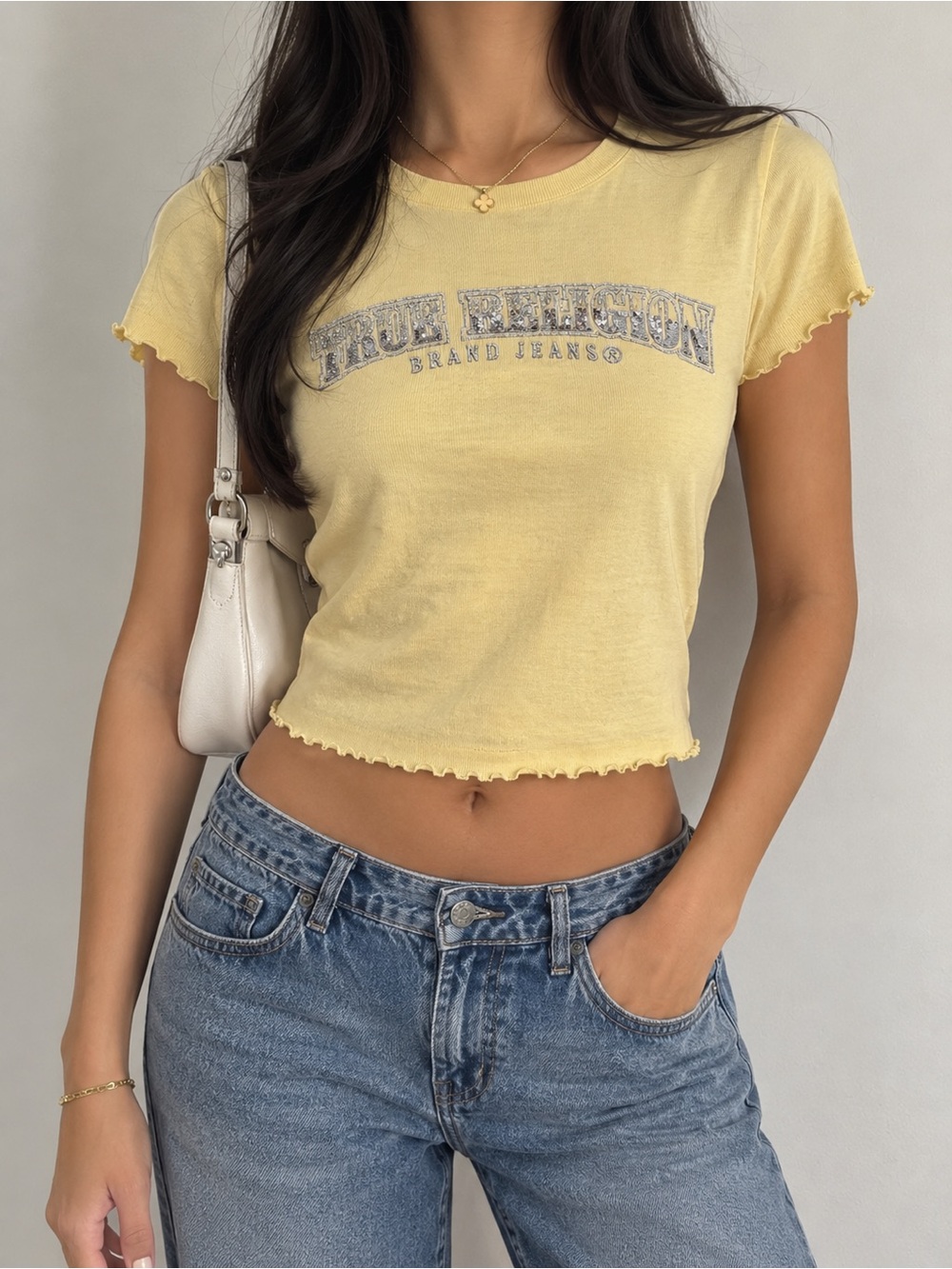 True Religion Yellow Lettuce-Edge Logo Crop Top
